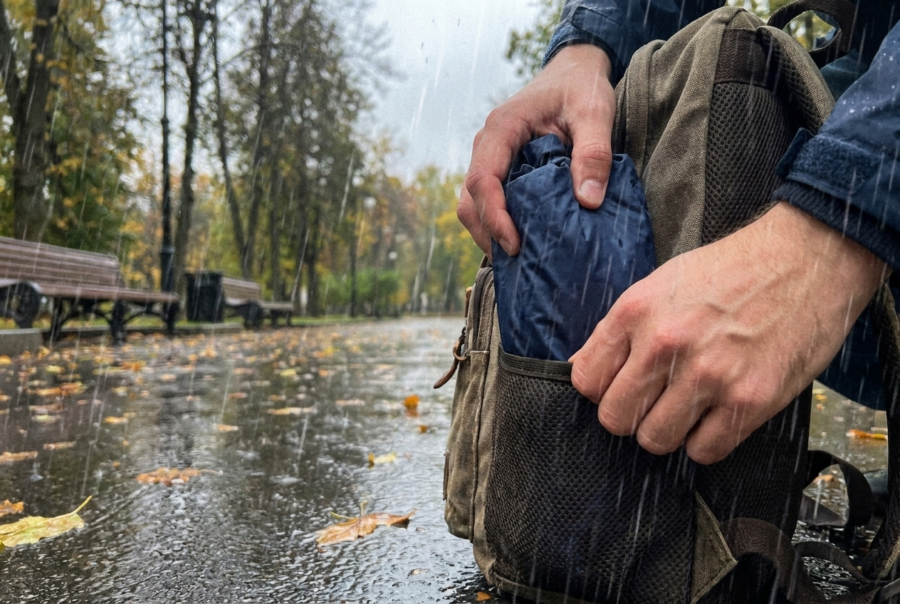 Regenponcho wird bei plötzlichem Wolkenbruch aus der Rucksacktasche geholt