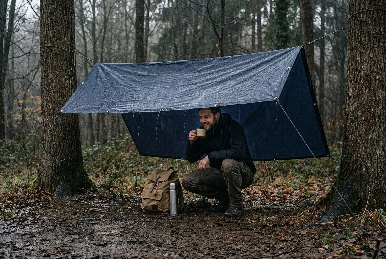 Mann sitzt trocken unter der Poncho-Zeltplane im Wald