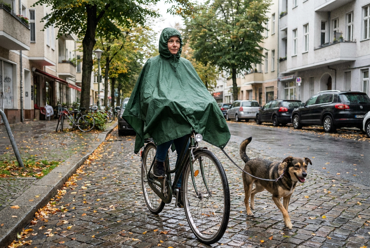 Frau im Regenponcho auf dem Fahrrad mit Hund an der Leine