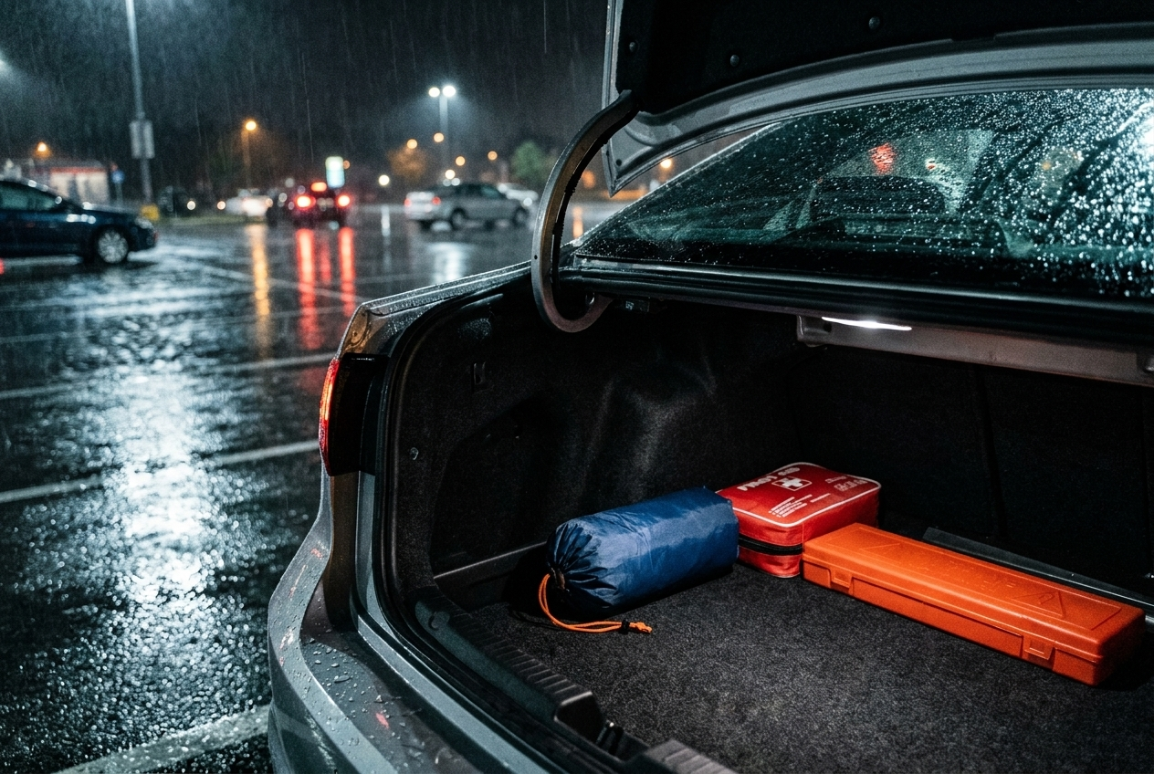 Zusammengefalteter Regenponcho im Kofferraum bei nächtlichem Regen